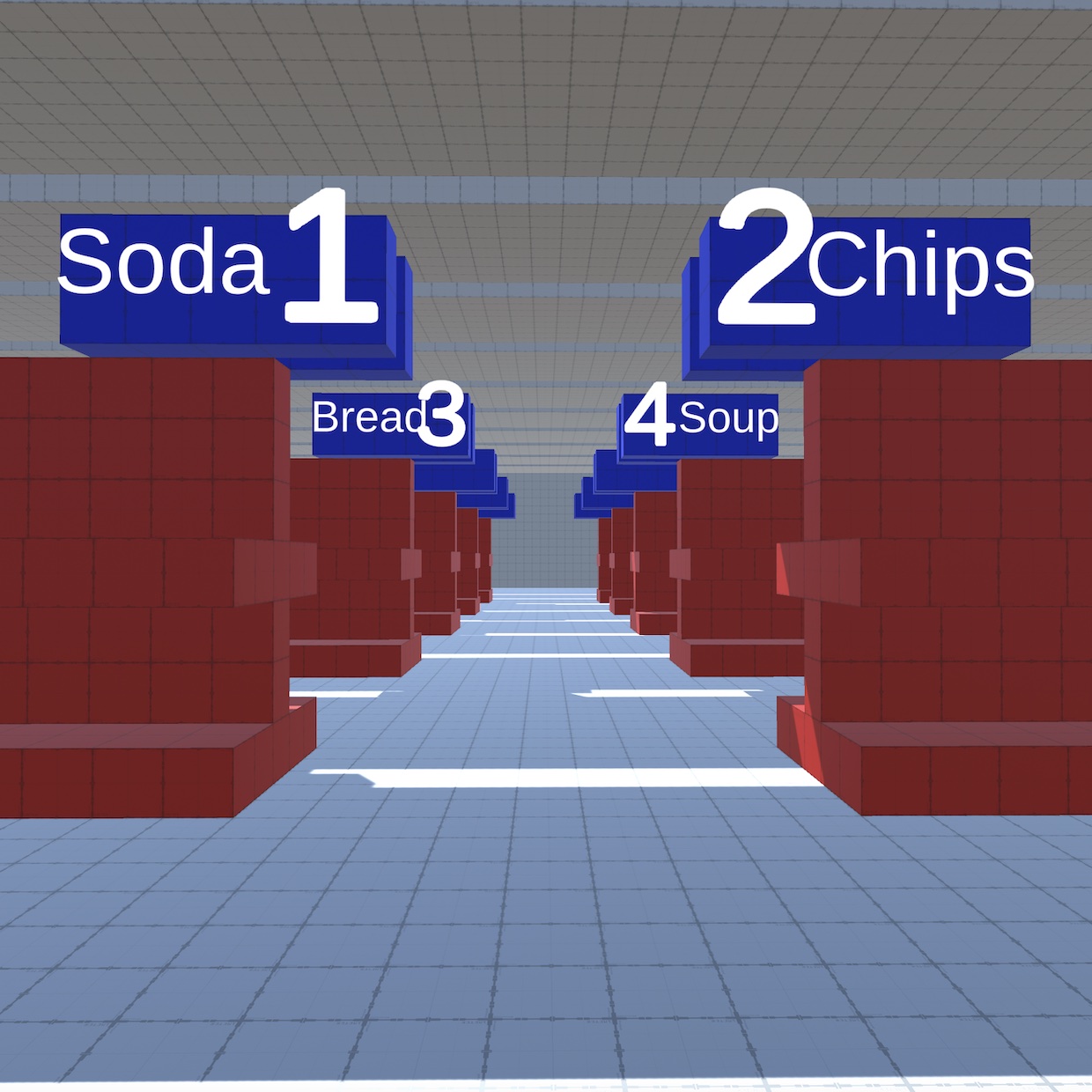 The same 3D mockup of a grocery store made in the Unity engine, but with the “Blindness Simulator” post-processing layer disabled we are able to see it clearly. It's aisles are a bright red, the aisle end-signs are a bright blue, and the typography on the signage is big and rather ugly—but easily legible.