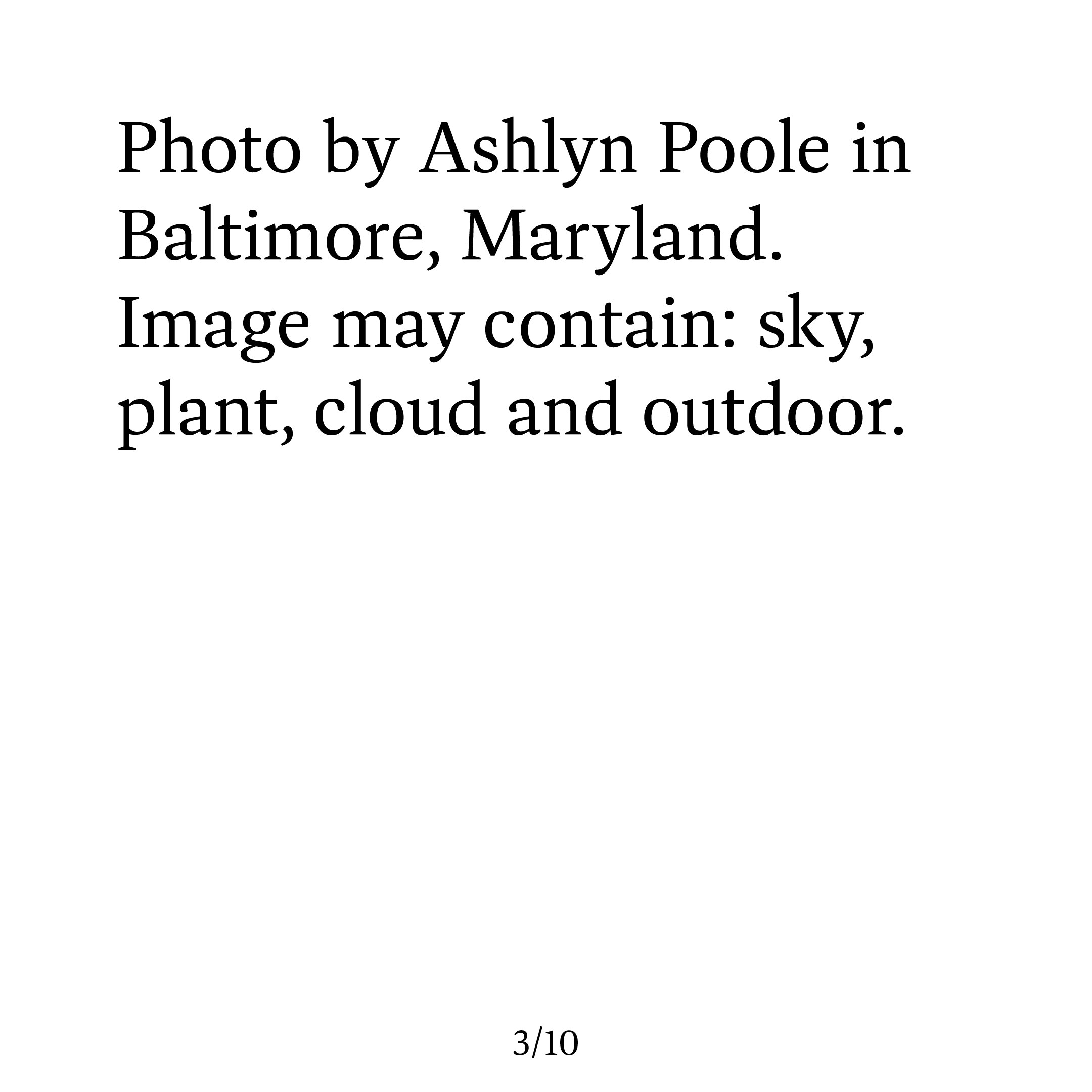 The same slide as the first one, but instead of a nice pre-written description it shows the default alt text for that post, which is (unfortunately) 'Photo by Ashlyn Poole in Baltimore, Maryland. Image may contain: sky, plant, cloud and outdoor.'