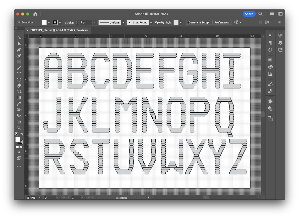 A screenshot of the final letterforms inside Adobe Illustrator. They are built out of semiround lines, moving across the final letterform in a strict grid. Curves are drawn with differing lengths of these lines throughout the body of the final letters.