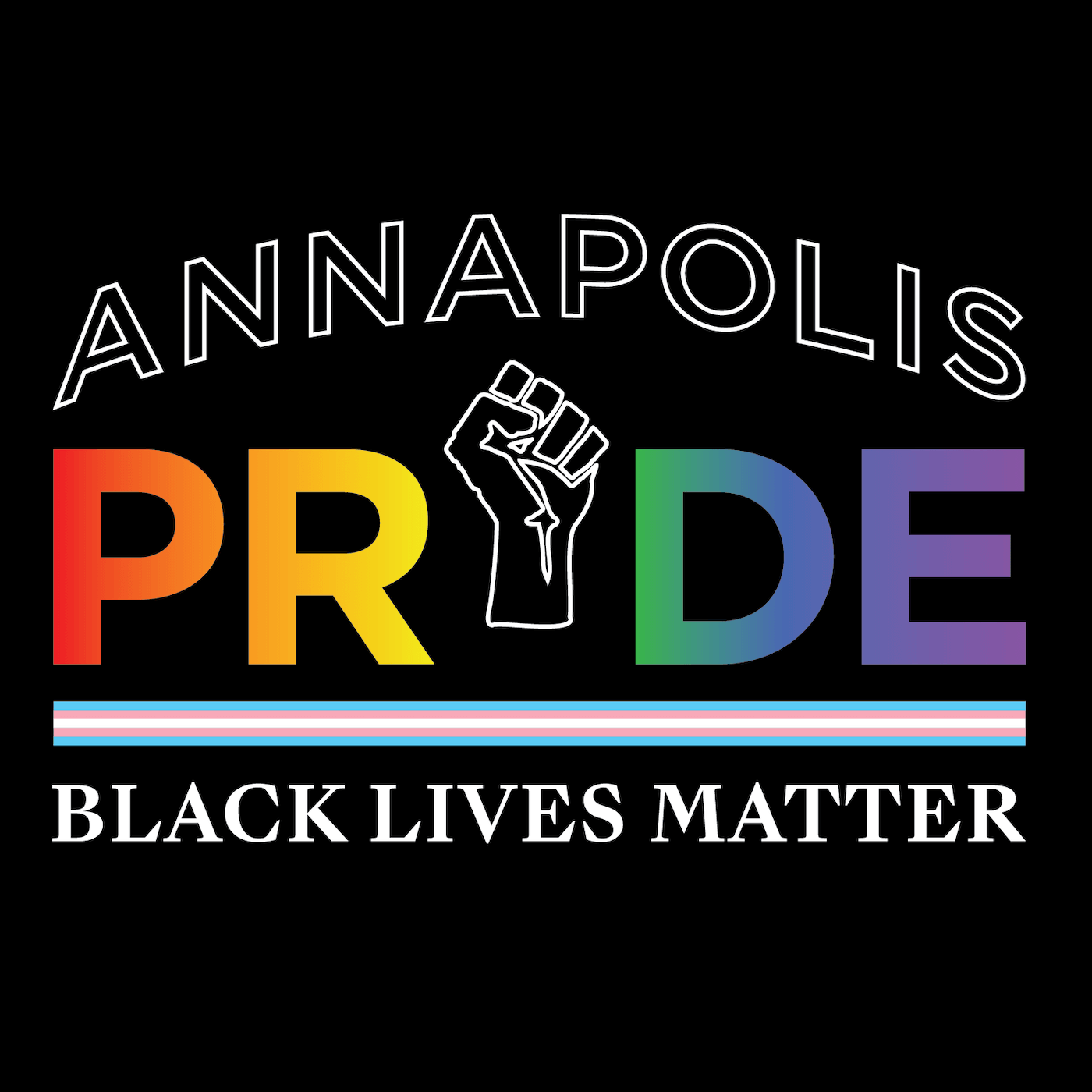 A close-up view of the t-shirt graphic from the previous image. It features a similar appearance to the other branded elements, but without the same playfulness. The 'I' in Pride is replaced with the black power fist, and the words 'Black Lives Matter' are below the logo. In between the logo and this text is a dividing stripe made from the trans pride flag.