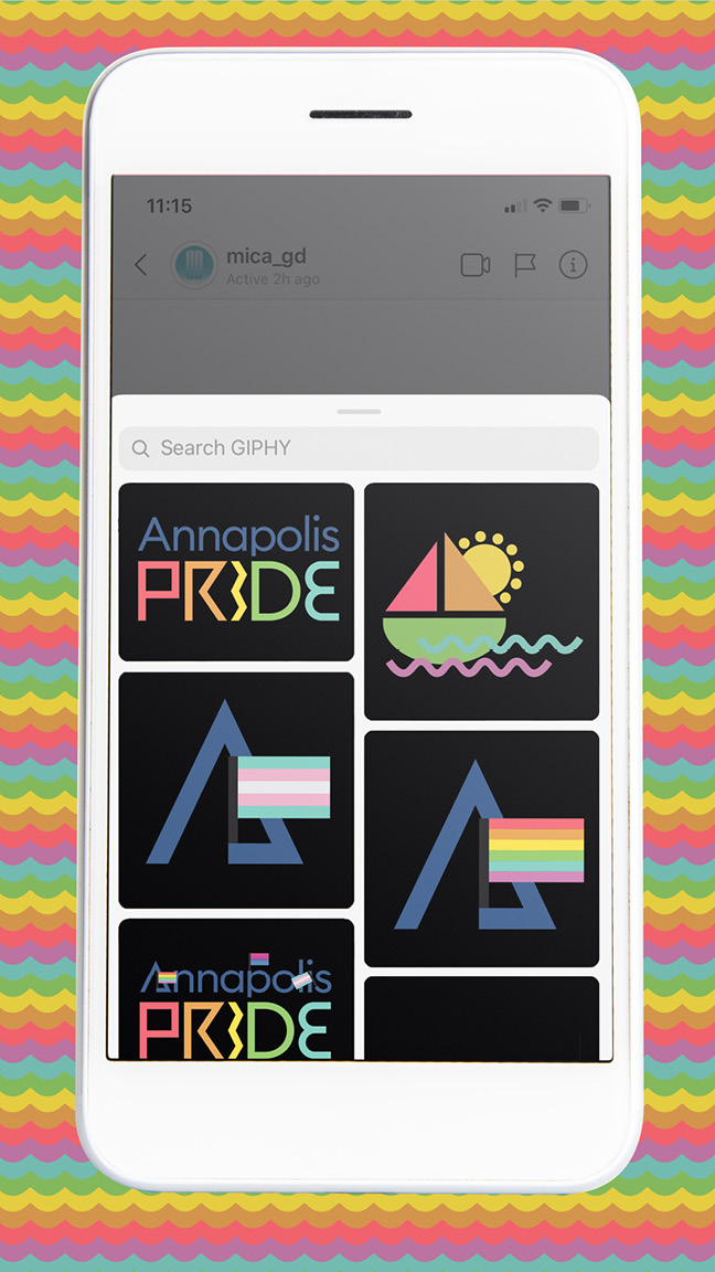 A phone, featuring a GIPHY search with various branded Annapolis Pride stickers available to share with your friends.