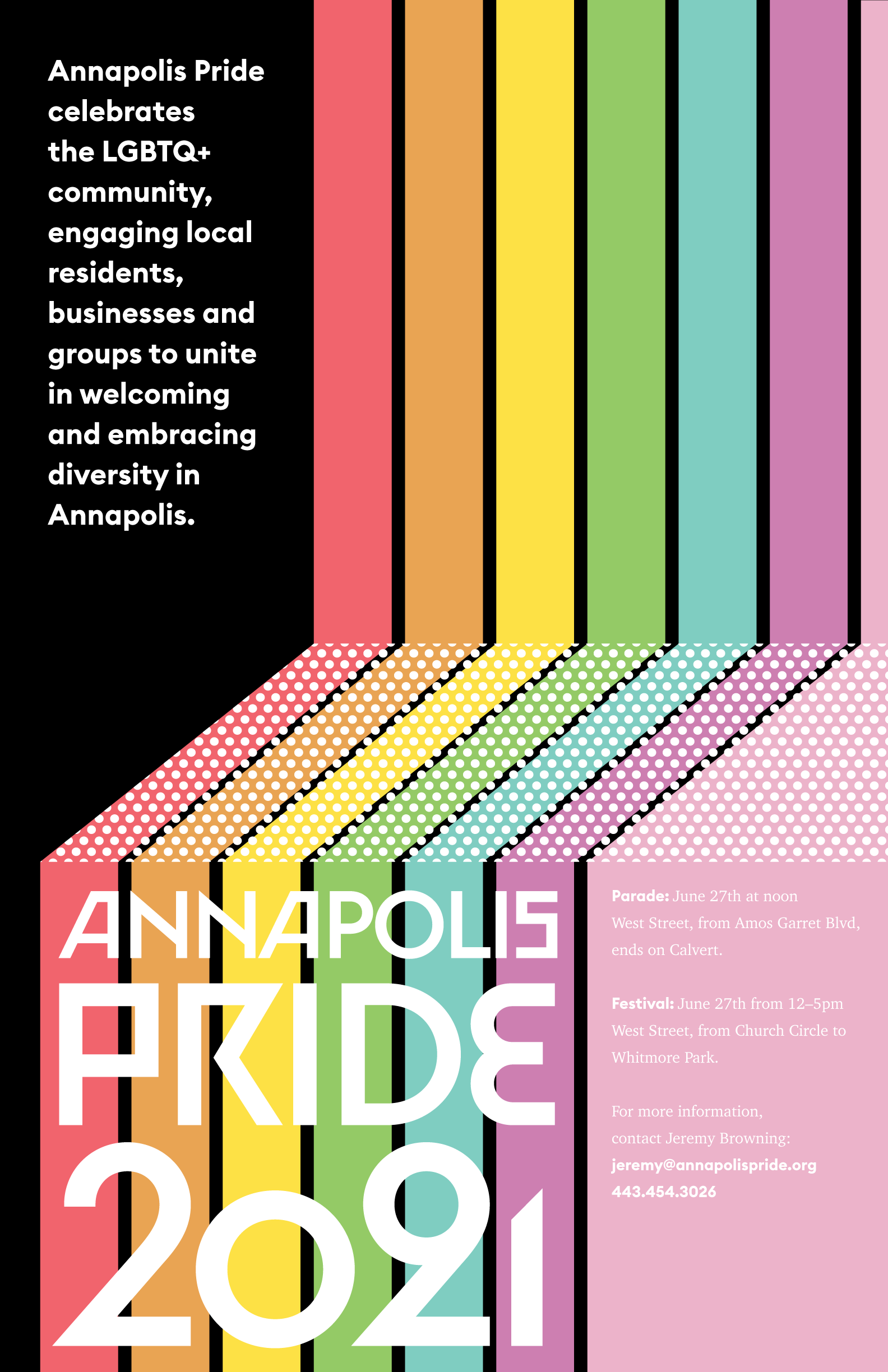 A slightly different variation of the previous poster, featuring a stark black background, with the same white dot pattern on the flat section of the rainbow instead.